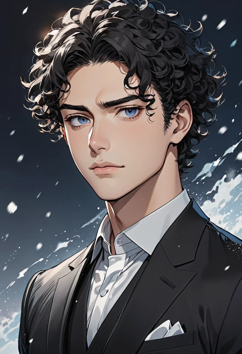 ( anime style) a young man with jet-black curly hair, black narrow eyes, bony cheeks, and a strong jawline, wearing a suit, cold and indifferent