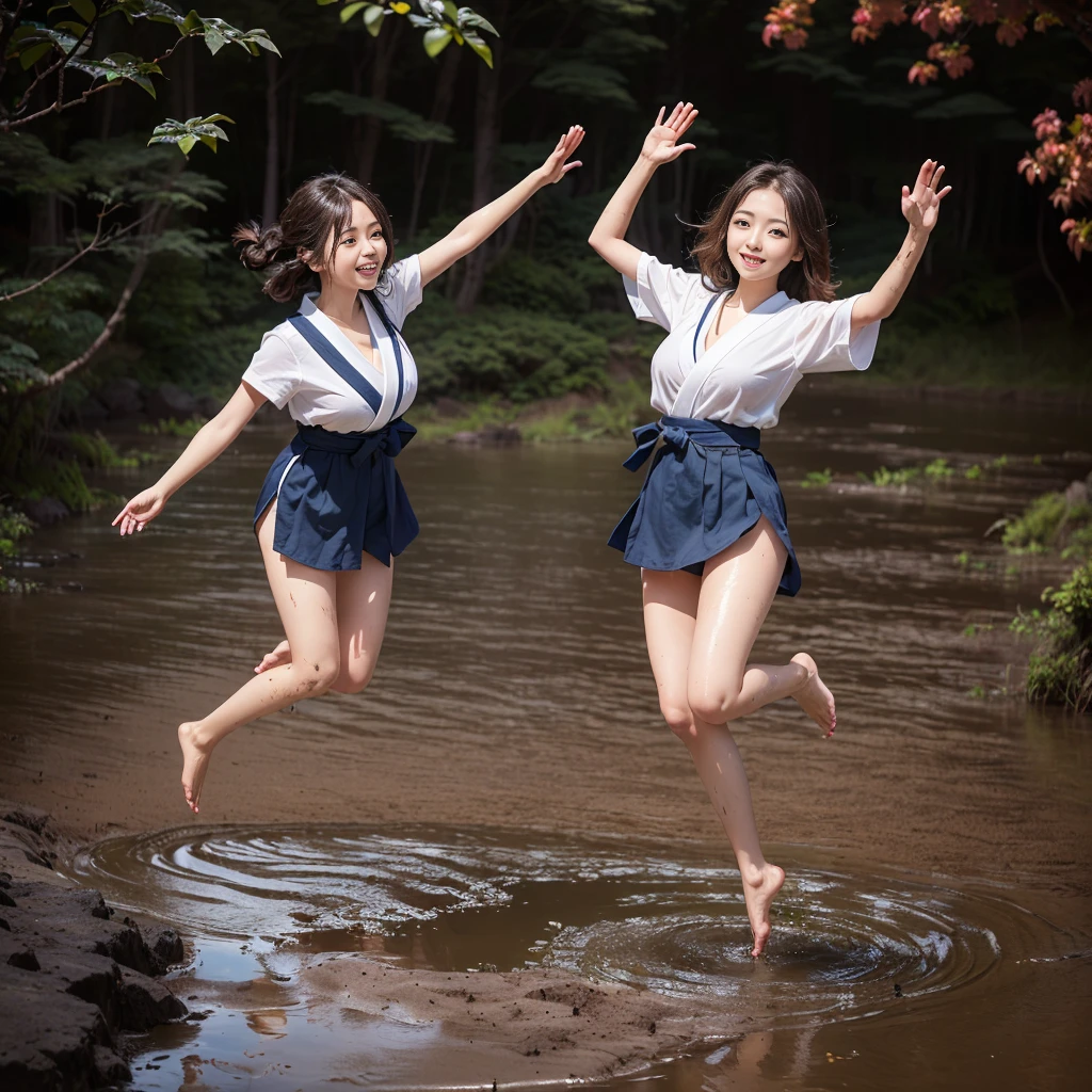 (((barefoot slender Japanese girl on mud pond))), natural front lighting, ultra sharp focus,bright brown hair, large eyes with long eyelashes and double eyelids, smile, (((jumping and waving arms))), ((huge breasts)), (full body shot:2), (beautiful face:2),(((wearing dark blue Japanese school bloomer)))