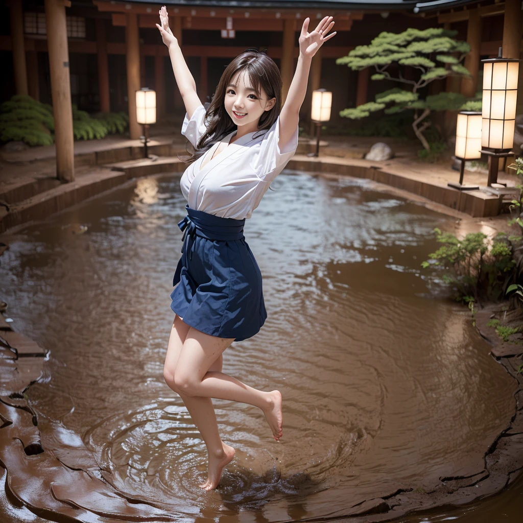 (((barefoot slender Japanese girl on mud pond))), natural front lighting, ultra sharp focus,bright brown hair, large eyes with long eyelashes and double eyelids, smile, (((jumping and waving arms))), ((huge breasts)), (full body shot:2), (beautiful face:2),(((wearing dark blue Japanese school bloomer)))