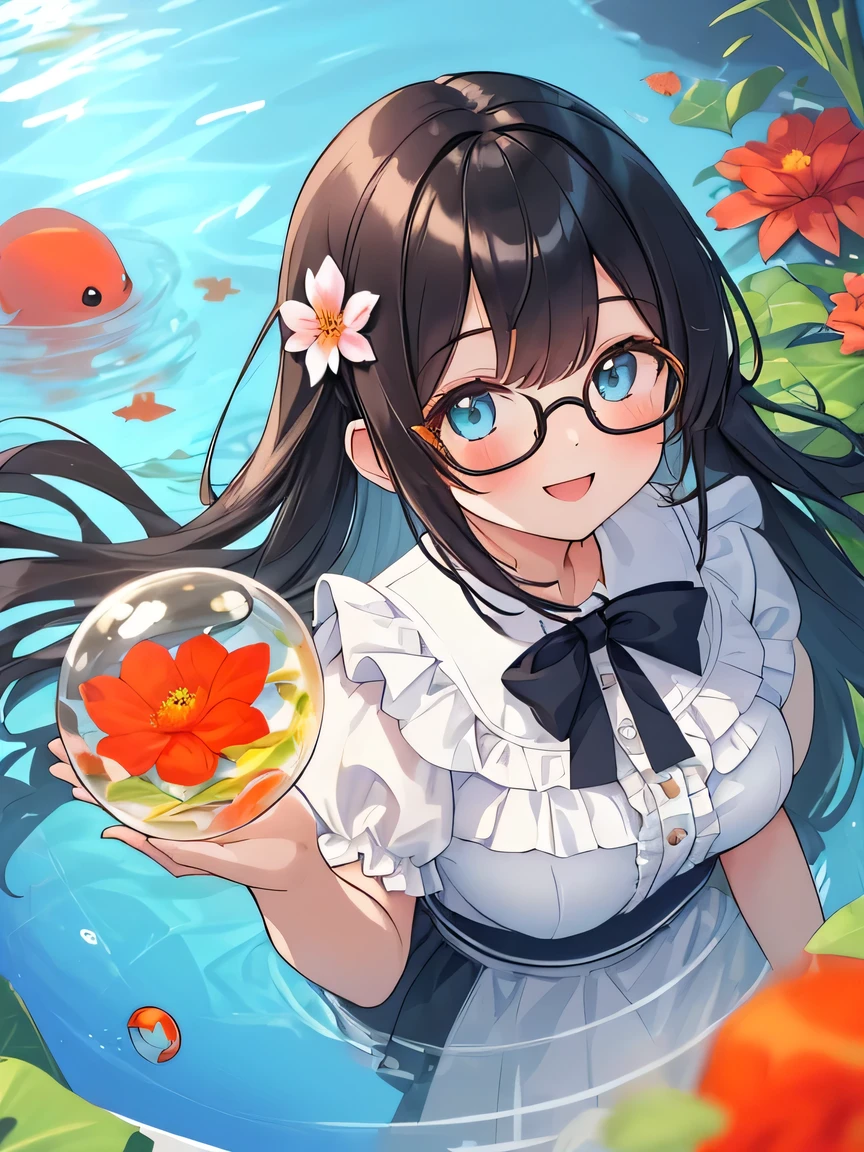 {{Masterpiece}}, {{top quality}}, very detailed, animated style illustration, (from above:1.2), 1girl, cute girl, upper body, upper body focus, (Dutch angle shot:1.1), {beautiful eyes}, beautiful black hair, long hair, slim, slender, glasses, medium breast, (white Blouse with ruffles:1.3), Short sleeves, (Submerged Flowers in a round shaped goldfish bowl:1.3), (Lively smiles:1.2).