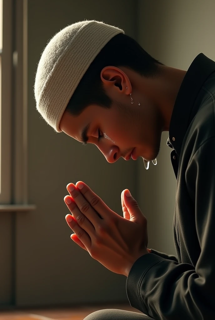 Muslim young man, round cap wear, in room alone, pray for Allah and cry, in eyes tears