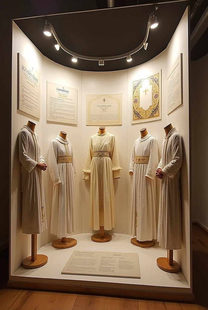 I am doing my thesis on baptism garments actually I made them so now I have to make a display for it or iam confused so help with ideas how display And also I have a 10 different boards of A3 size also adjust them or religious elements also 4 male garments add boards
