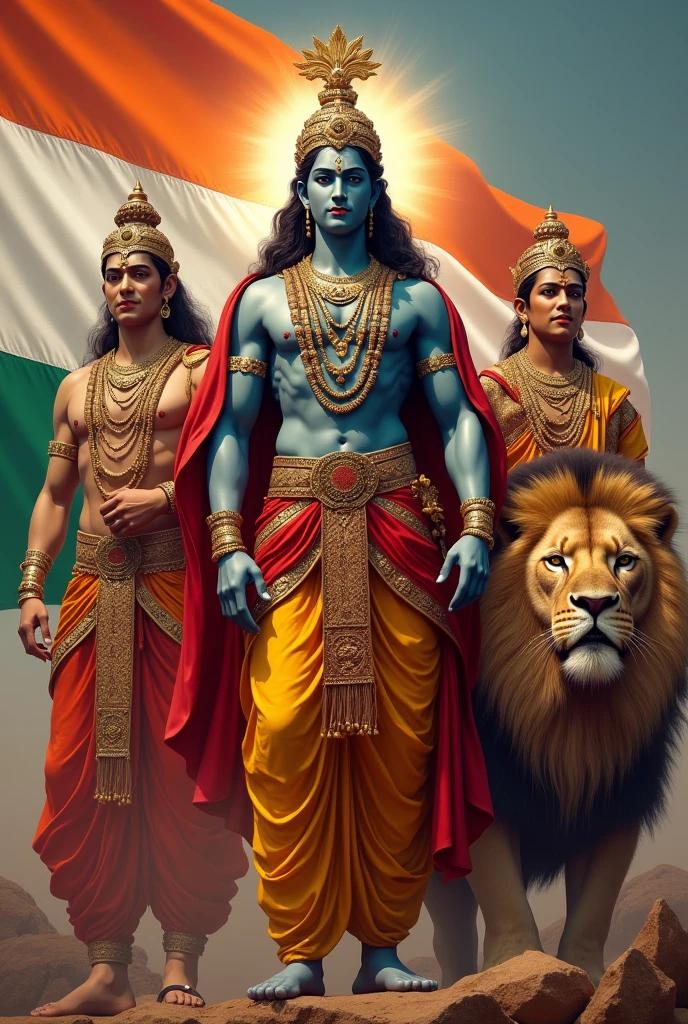 A old india image with load Ram ,load krishna ,load gautam Buddha and seting pogistion Maharana partap, Prithviraj chauhan back ground title Kshatriya Rajput  and rajputana flag and also atatched name 
Shree ram chandra side lion (background name Kshatriya Rajput )