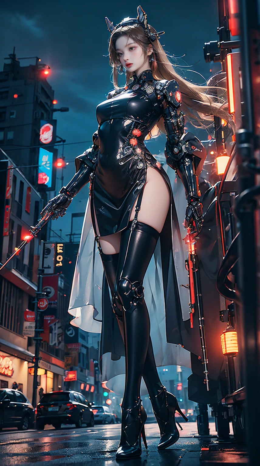 Masterpiece, best quality, high resolution, one woman, from below, very thin and straight legs, very long legs, straight legs, high heels, long legs, perfect body with perfect legs, front view showing long legs, perfect body, exterior, telegraph slang, dynamic pose, exquisite eyes, brown eyes, eye shadow, wearing makeup, long blonde hair, detailed face, detailed eyes, looking at viewer, blusher (wearing makeup), plump lips, red lips, long gray hair (1.3), mechanically static, summon mech, headdress (1.1), headgear, dressed like a student in , black lace stockings, stocking suspenders, city, luminous winding, with a gun in hand, weapon, completely mechanical and futuristic elements, technology, background is modern New York City streets with cars passing by, sky, slim (1.2), dramatic lighting, vivid details.