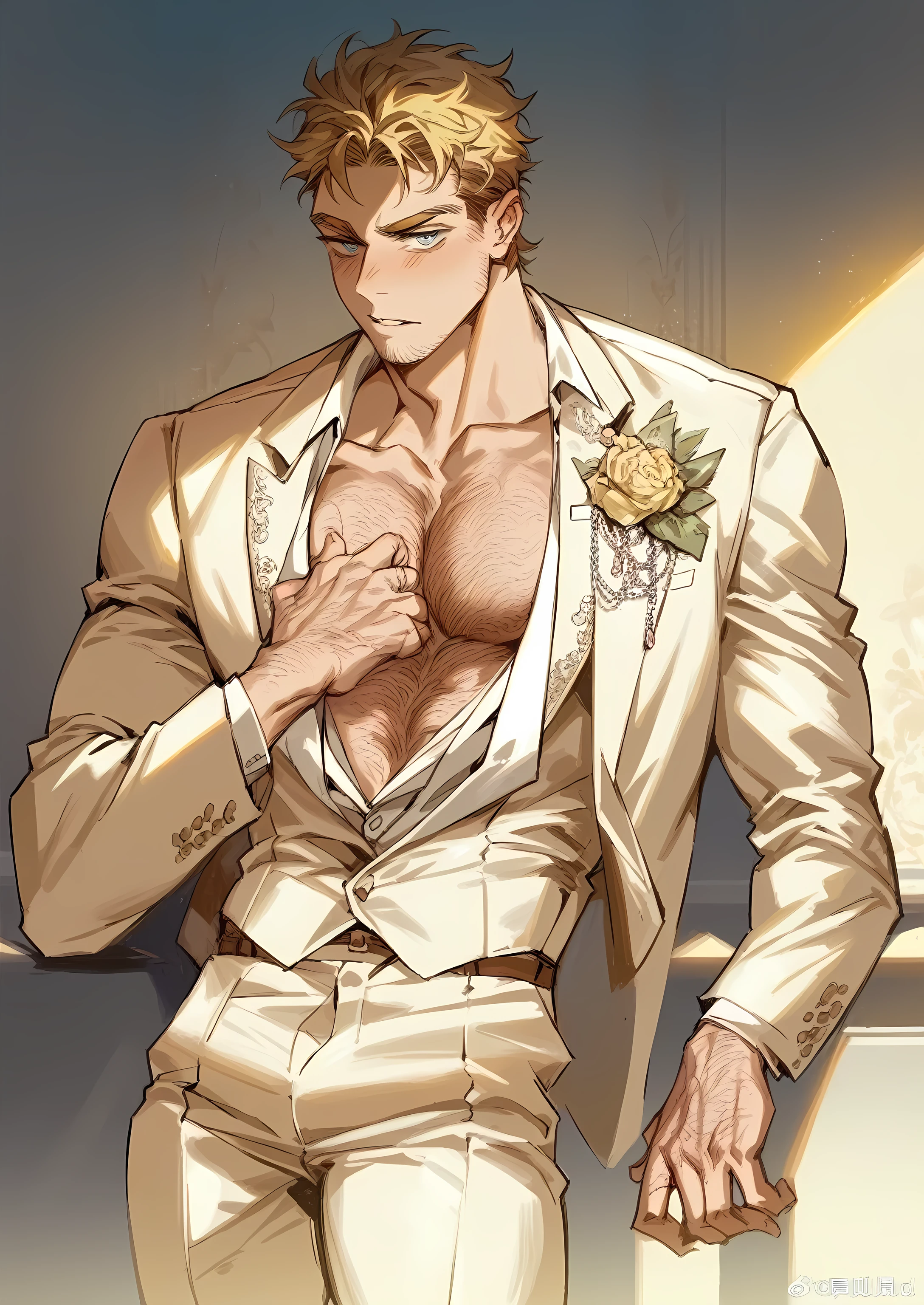 masculine man, muscular, deailed body, gay, detailed, elegant suit, hairy body, veiny hands, mirio, blonde, seductive look