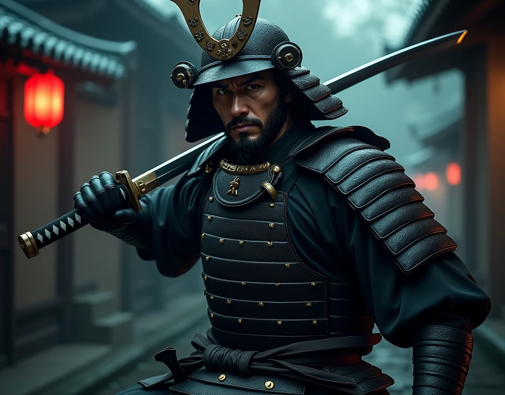 A samurai from the Kamakura period, wearing traditional armor and helmet, holding a katana sword. The samurai stands in a battle-ready pose, with a determined expression、夜 ((Anatomically correct,Surrealism, UHD, retina, accurate, anatomically correct, textured skin, super detail, high details, best quality, 8K))