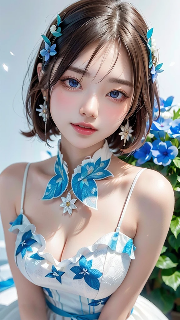 8k,Confused, High resolution, Very detailed, 1 person, alone, Very beautiful eyes, Ultra-precise depiction, artistic、Very detailed depiction, (Tangled:1.2), , (White high key background:1.5), (((White dress with blue flower pattern 1.5))), 、 short hair、Loose wavy hair、Earrings and Necklaces、Brown Hair, (Glowing Skin), Many colors, , (Shooting from above:1.2),、Flat Body、slim、cute、、Round face、Cast a Shadow、、Smile 1.3