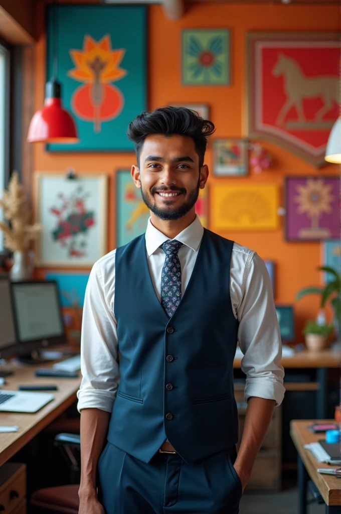 A vibrant and dynamic photo of a south asian ed boy wearing a smart formal dress, standing in front of his bustling graphics design studio. The studio is filled with colorful artwork, modern equipment, and creative tools. The youngster exudes confidence and passion, with a little smile on his face. The background displays a blend of traditional and contemporary elements, showcasing the fusion of cultures and styles in his work.