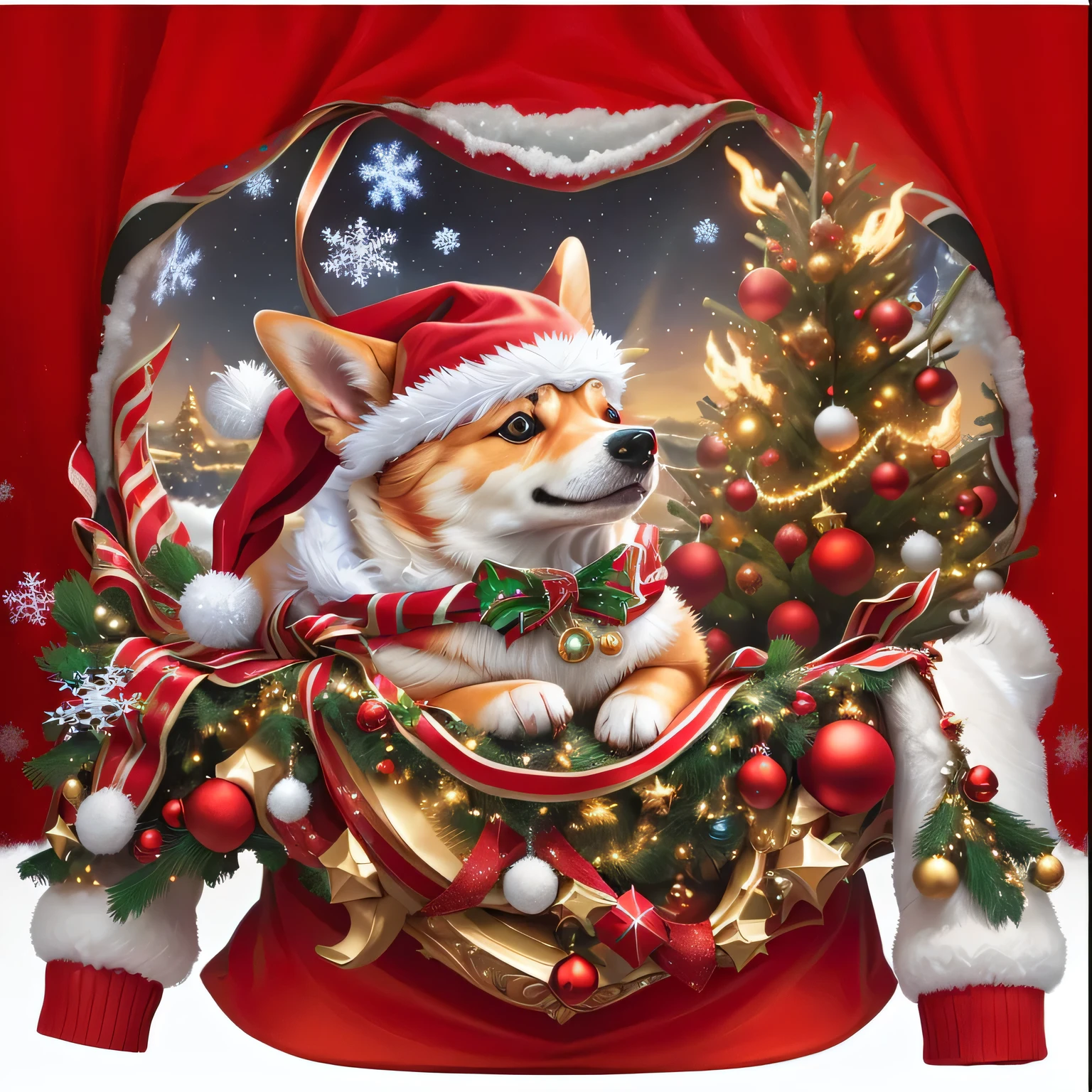 Christmas light sweater, Surrealism, Wear festive attire, author：Derek Zablocki, depicting a  made of fire, with [ Angel Wings ]!!, Corgi, author：Tadeusz Pruszkowski, Very realistic,, Very close shot, 2k