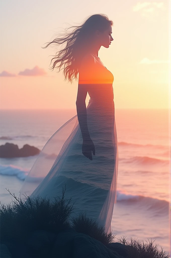 high quality, 8K Ultra HD, A beautiful double exposure that combines an goddess silhouette with sunset coast, sunset coast should serve as the underlying backdrop, with its details incorporated into the goddess , crisp lines, The background is monochrome, sharp focus, double exposure, by yukisakura, awesome full color,
