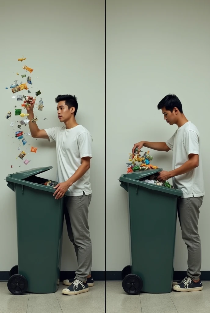 Comparison of throw rubbish into the dustbin and put rubbish into the dustbin (closer)