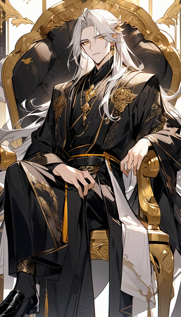 Handsome, solo, 1 male, long hair, white hair, yelow eye, wearing a black Hanfu, black and white Hanfu, and black dress shoes, sitting on a golden chair with extremely beautiful and majestic dragon-engraved details.