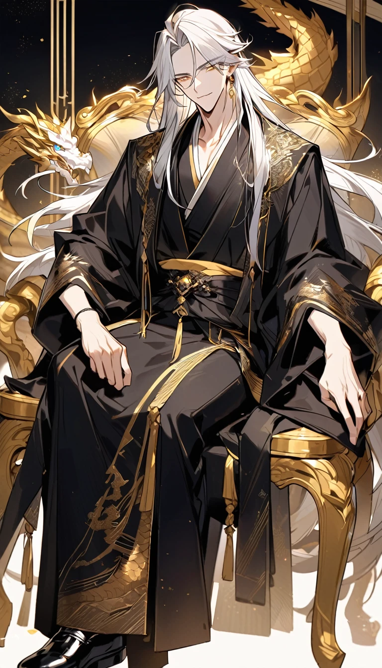 Handsome, solo, 1 male, long hair, white hair, yelow eye, wearing a black Hanfu, black and white Hanfu, and black dress shoes, sitting on a golden chair with extremely beautiful and majestic dragon-engraved details.