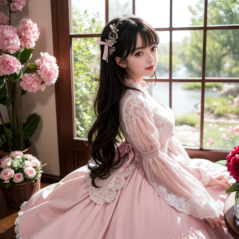 Side view,side angle, Bow tie at the back of the waist, There is a bow on the back,Sideways photo, Skirt length to calf, cupcake dress, Layered skirt with lace on each layer, Put on a lolita dress, layered dress, Pink Lolita dress, lots of lace, Long sleeve, Wide sleeves, Big Skirt, Layered lace skirt, Lace skirt,Puff sleeves, Wide sleeves, Transparent sleeves, intricate details showcase the ruffles and intricate designs of the Lolita dress, Wearing a lolita dress, in a sea of flowers, best quality, Delicate face,beautiful visual work, lifelike, eternity, black hair, Long curly hair, blunt bangs, Smile, Detailed Background, Delicate face,blush,cold,((masterpiece))、(top quality)、8k、high detail、Super detailed,41 years old,woman, masterpiece、born、Scenes resembling fairy tale illustrations、intricate details和複雜的設計、Beautifully、magic、capricious、 Beautifully、Dream aesthetics、「𝓡𝓸𝓶𝓪𝓷𝓽𝓲𝓬、ethereal、charming、fickle、magic」、realism、Visual effects、FXAA、SSAO、Shader、voiceless、ambient lighting、Tone mapping、High resolution、Ultra high quality、Million pixels、(8K resolution:1.10)、8k、8k以下、8K resolution、high detail、intricate details, (high quality:1.2、masterpiece:1.2、:1.21)、(41 years old,woman:1.21)、(興奮地Smile)、(Surrounded by a dreamy atmosphere、Model diagram,full-body shot,Normal 2 feet,Put your hands behind your back,Breast protrusion visible when wearing clothes, Large Breasts, H cup chest, pink dress, Don't show your fingers, full-body shot, full-body shot,full-body shot,full-body shot,full-body shot,full-body shot,full-body shot,full-body shot,Hands hidden in clothes, Hands hidden in clothes,Hands hidden in clothes,Hands hidden in clothes,Hands hidden in clothes,Hands hidden in clothes,Hands hidden in clothes,Hands hidden in clothes,Hands hidden in clothes, ,Hide your hands in your sleeves ,Hide your hands in your sleeves ,Hide your hands in your sleeves ,Hide your hands in your sleeves ,Hide your hands in your sleeves ,Hide your hands in your sleeves ,Hide your hands in your sleeves ,Hide your hands in your sleeves, Put your arms behind your back, Put your arms behind your back, side view