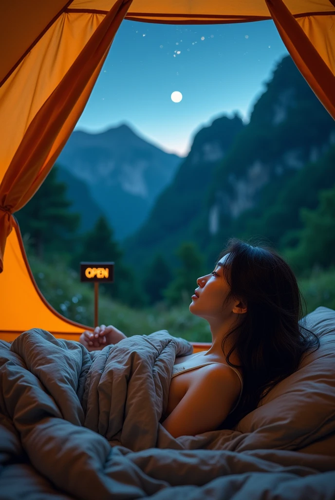 1 woman, Korea people, Beautiful black hair, honey colored hair,((upper body selfie, happy)), Shooting in a tent, wearing a sleeveless t-shirt, beautiful backlight, Tent Open Sign,masterpiece, best quality, overly detailed, alone, Exterior, (night), mountain, nature, (star, moon) cheerful, satisfied,, Lie comfortably in your sleeping bag, inside the tent, When I open the tent, You can see pretty riders outside.., forests, rock formation, descent, forest, performance, Shady, contrast, clear sky, analog style (look up at the viewer:1.2) (skin texture) (film grain: 1.3), (Warm shade, warm tone:1.2), enlargement, cinematic light, side lights, ultra high resolution, best shadow, ..raw, bust, wearing a pullover, Relaxed and intimate photos
