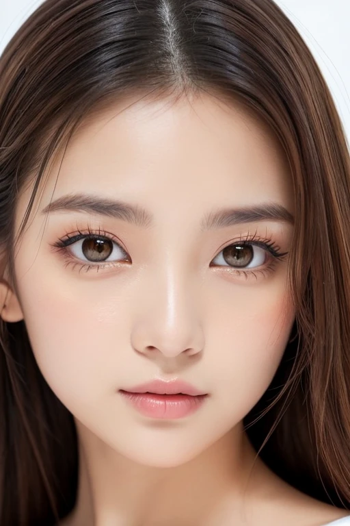 High-quality, ultra-realistic portraits。She has a beautiful nose、Her facial features are gorgeous yet naturally balanced.。((Big eyes are kind、Gives a bright impression))。The skin is transparent、Has a healthy glow。Makeup is natural、Use orange or mustard colored eyeshadow.、Lip color is subdued。The lighting is soft and natural.、Accentuating facial features、Does not emphasize shadows。The background is simple and has a blurred gradient.、Focus on the face。