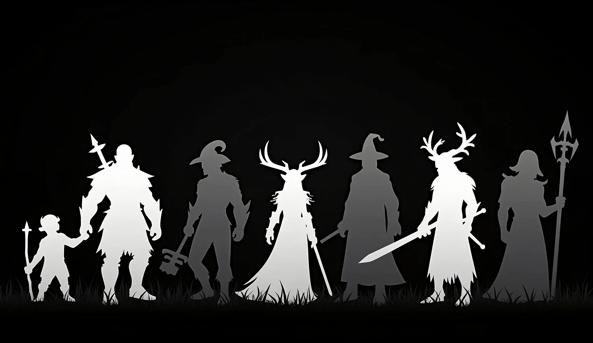silhoutte of fantasy adventurers preparing to set of to the dungeon, dwarf warrior, elf acher, human mage, tiefling warlock, and dragonborn paladin, black background with white silhouettes