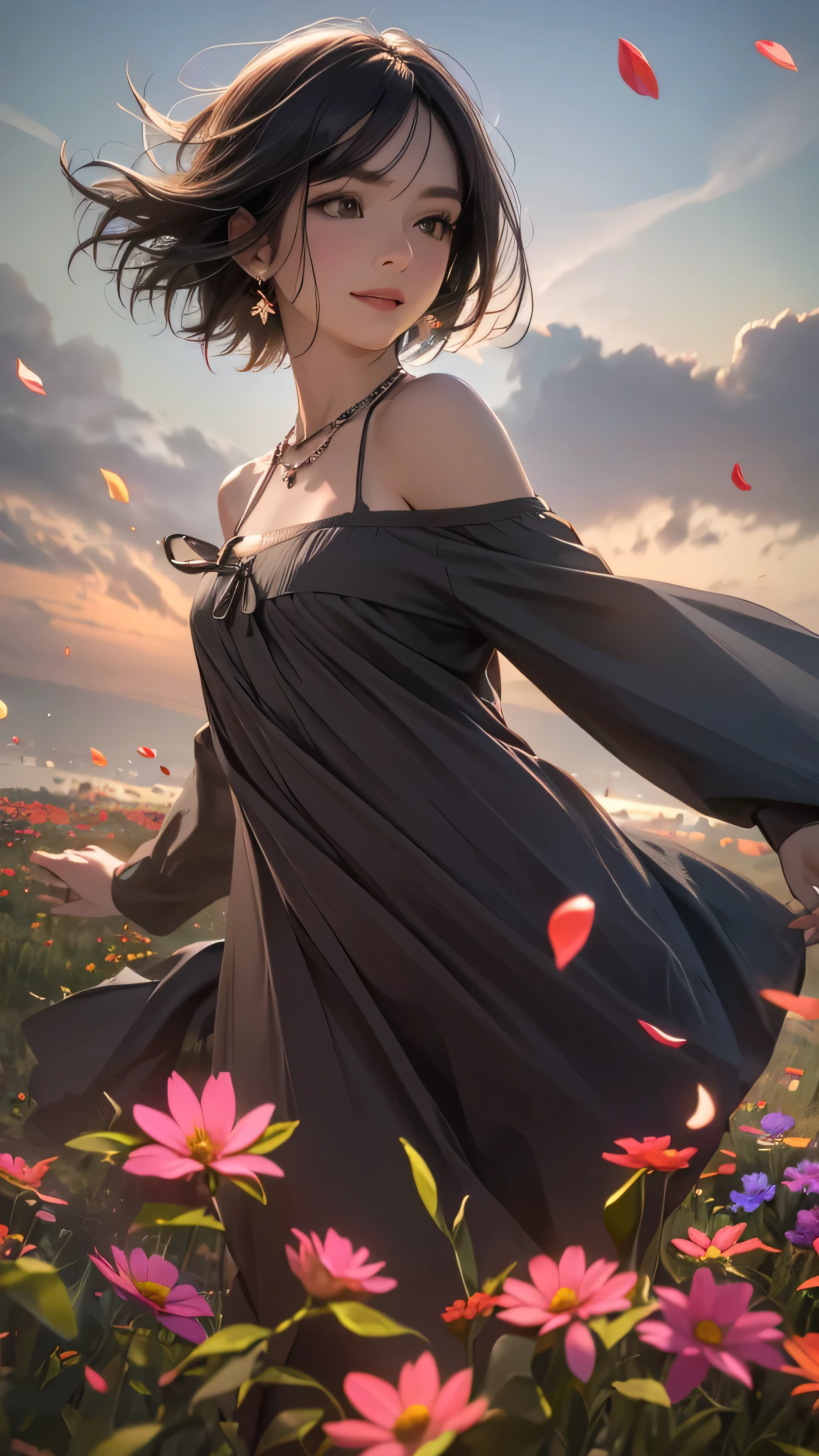 Official Art, wallpaper, Very detailed, (((Very detailed))), Realistic portraits, (high quality, masterpiece, High resolution) , 8k ウルトラHD, high quality, There are women, Surrounded by colorful flowers, Flower Field, Woman portrait, Beautiful young dark-haired woman, Fantastic and dreamy, 4K, 8k, smile, , Bob Cut Hair, dynamic, Anatomically correct, The wind is blowing, Dancing petals, horizon, dance, Bouncing, Dress, Europe, grassland, Open Field, Low - Angle