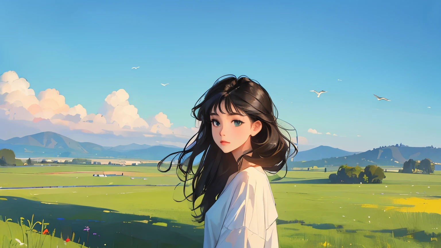 ((masterpiece)),(((bestquality))),((ultra-detailed)) realisticlying, 1 girl, Beautiful, shirt, black hair, , The sky morning, blue sky, green, looking to viewer,