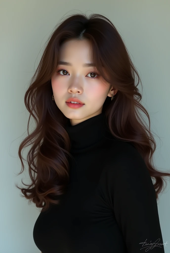 beautifull woman with black tshirt turtle neck, wavy long hair , brown hair , korean look ,
