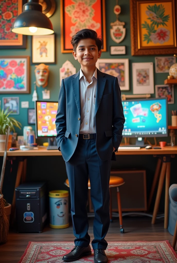 A vibrant and dynamic photo of a south asian 13 years olded boy wearing a smart formal dress, standing in front of his bustling graphics design studio. The studio is filled with colorful artwork, modern equipment, and creative tools. The youngster exudes confidence and passion, with a little smile on his face. The background displays a blend of traditional and contemporary elements, showcasing the fusion of cultures and styles in his work.