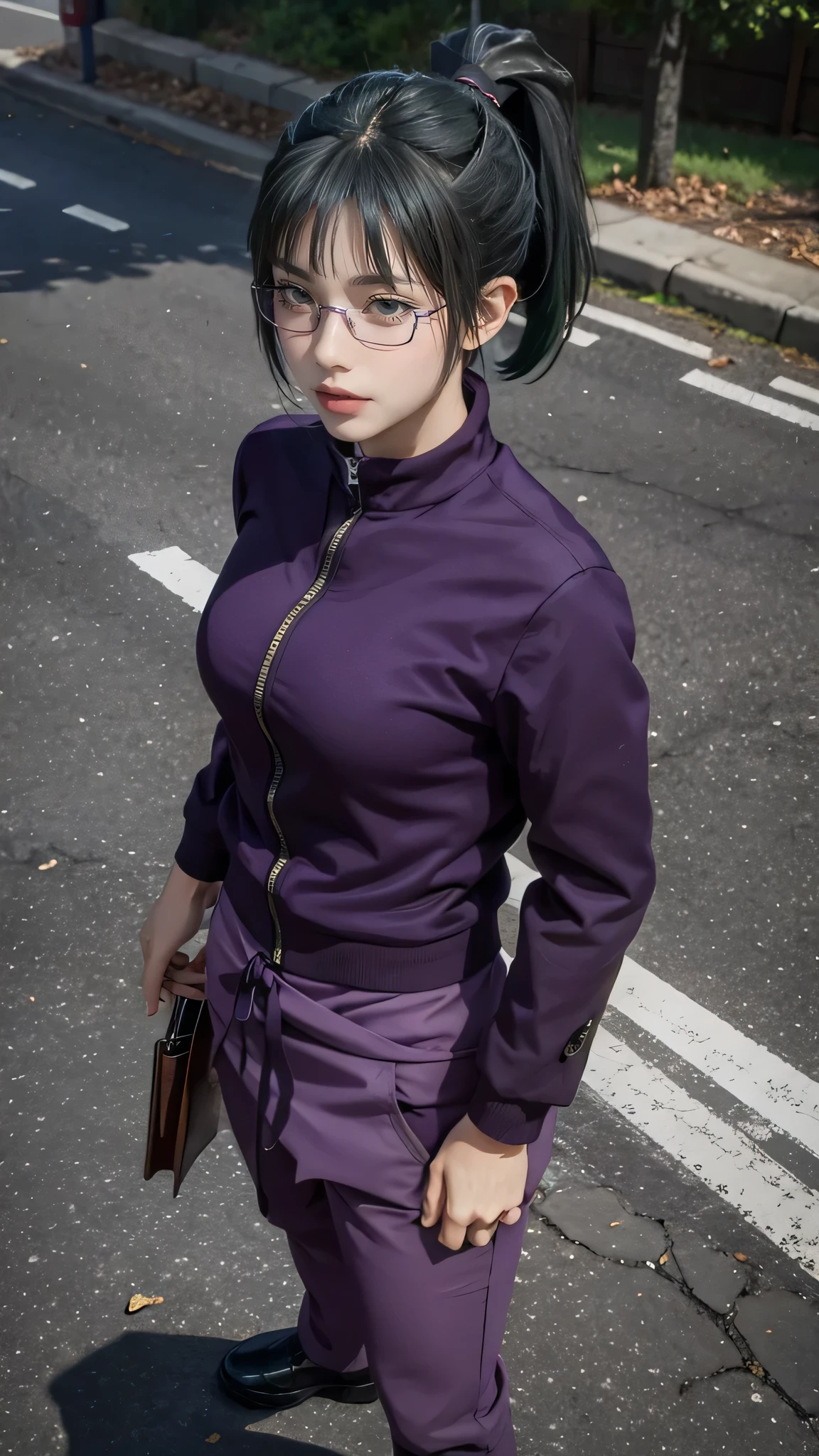 Temple_Maki, ponytail, Glasses, bangs, Green Hair, Brown eyes, jujutsu_uniform, Purple Jacket, 1 person, alone, Detailed face, Detailed skin, Film Grain, Realistic, Large Breasts, Skin pores
