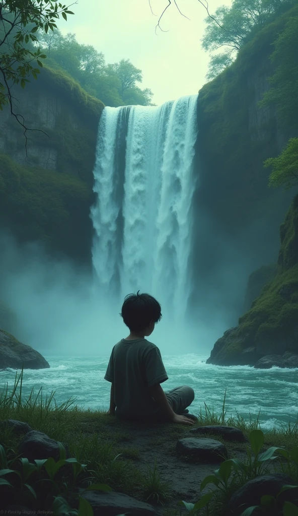 A lone boy sits on a hill in a moment of sadness, with a waterfall cascading nearby. The scene is surrounded by trees, emphasizing the solitude and emotional depth of the moment."