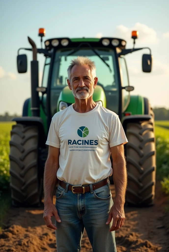 Un agriculteur devant un tracteur portant un t-shirt avec mention Racines center for global development.