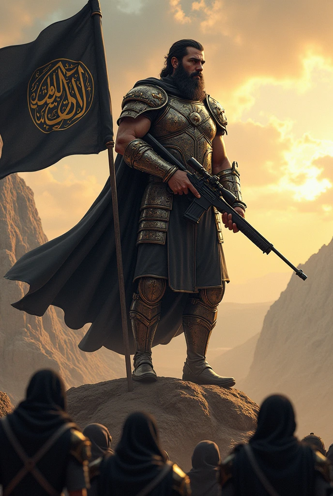 A warrior, wearing david's armour , who has black Islamic flag with calligraphy in the back and sniper rifle in the hands. Muscular body, standing on top of a mountain in front of muslim soldiers turning back in a sunny weather.