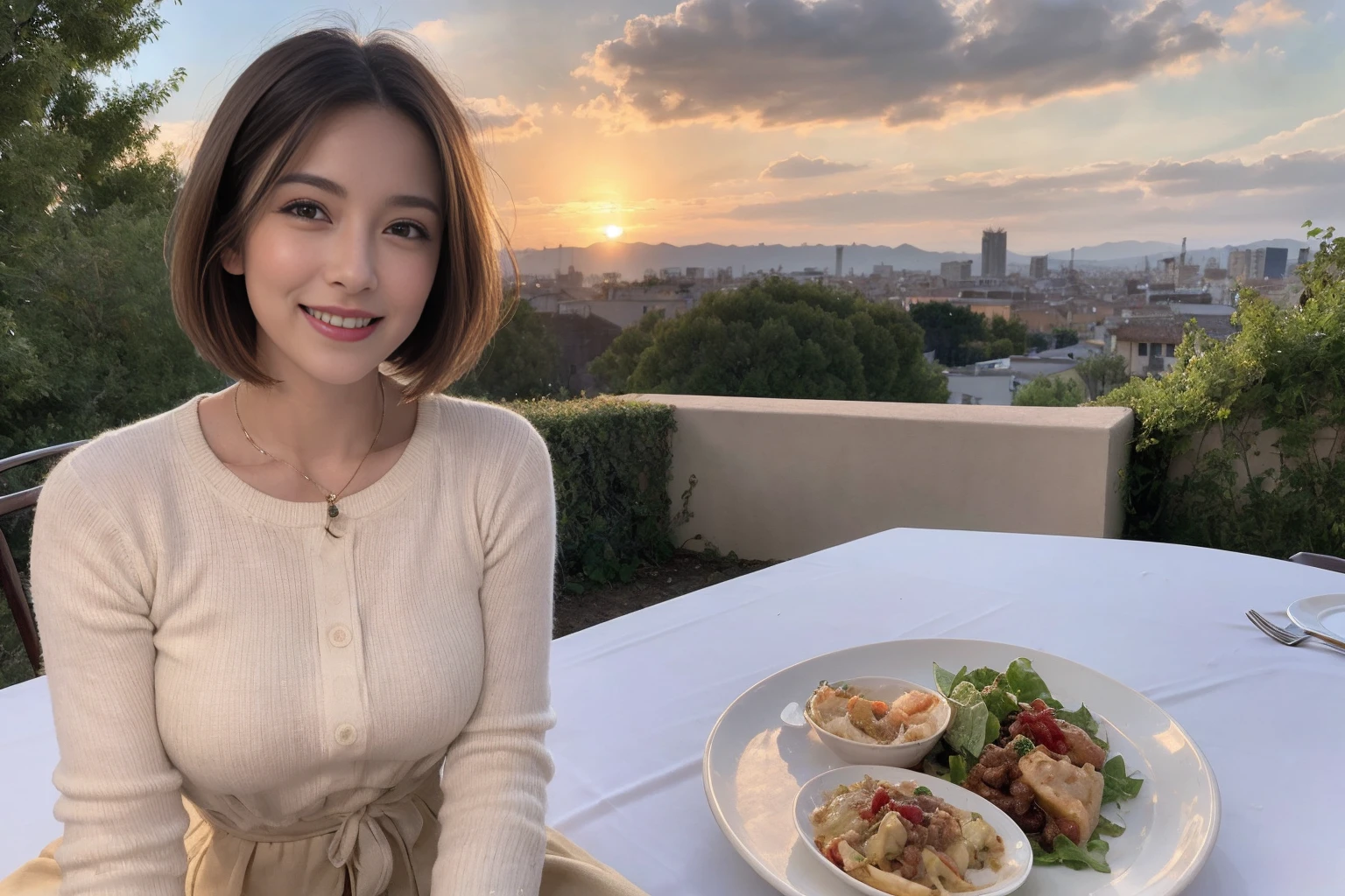 （Realistic:1.1）,(masterpiece,Highest quality)，8k,(49 years old), 53 years old, ベリーslimボディ、slimカップル、Tight waist,Upper Body,full-course dinner、wine 、Amazing view of the sunset sky and clouds、Perfect Anatomy, Brown Hair, short hair,Random Hairstyles,((Highly detailed face and eyes:1.2))，Perfect golden ratio face，Long sleeve shirt、dress,(smile:1.2)、Shortcuts、cute、(Realistic, Intricate details:1.2), A bright smile、short hair,Bright Face、赤wine 、Appetizers、Italian food、wine bottle、Champagne、スパークリングwine、(slimな顔), (The body is slim), (Brown Hair), (Shortcuts),  Upper Body, 白wine, slim, wineグラス, 