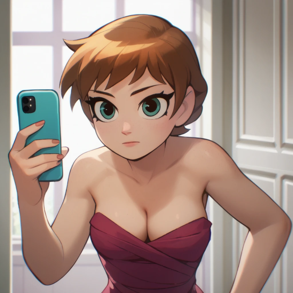 score_9_presence, score_8_up, Anna, wrapped in towel, medium breasts, cleavage, holding phone