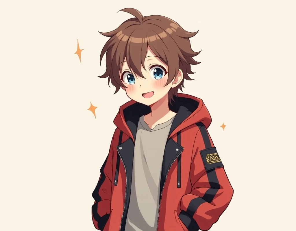 Brown haired boy。Her short hair with outward curls is bouncing.。Smiling with droopy blue eyes。Wearing an oversized hoodie and headphones。The background is simple。The hoodie is mainly red with black on the arms and hood.。The parka is a jacket type.、Open。A simple, blank, greyish greenＴWearing a shirt。Anime style with a gentle touch。Male。