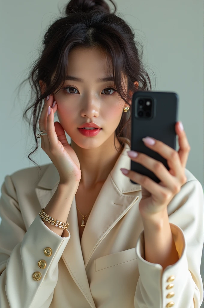 Japanese model takes selfie like a social media influencer、Webcam Photos、Photo by Felicia Simone、Filmed in Provia、hinchel、Glossy。