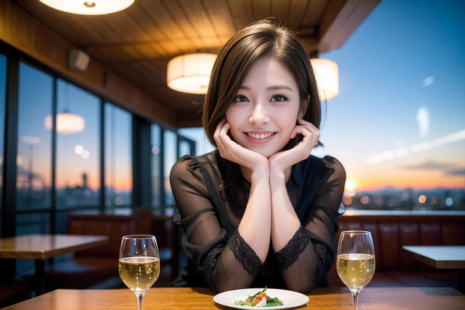 ((Highest quality、8K、masterpiece:1.3))、Shortcuts、cute、slimカップル、modelカップル、actress男優、(Realistic, Intricate details:1.2), full-course dinner、Wine Party、Amazing view of the sunset sky and clouds、A bright smile、short hair,Bright Face、 (Age 45), 42 years old, red wine 、Appetizers、Italian food、Wine bottle、Champagne、sparkling wine、Two beauties、Brown Hair、Shortcuts、Long sleeve shirt、dress、Beautiful woman 1, (slimな顔), (The body is slim), (Brown Hair), (Shortcuts), cheeks turn a little red,Attractive beauty、restaurant, In a prominent place (From the waist up) Nova Frog Style, actress, model, Upper Body, White wine, slim, wine glass, 中央に置かれたwine glass, smile, (smile: 1.15), Beautiful fine grain, Depth f/2,saturation, High Contrast, Strong light and shadow,Moist Body:1.5、3D texture、Delicate eyes、Brown Hair、The hair is very shiny、