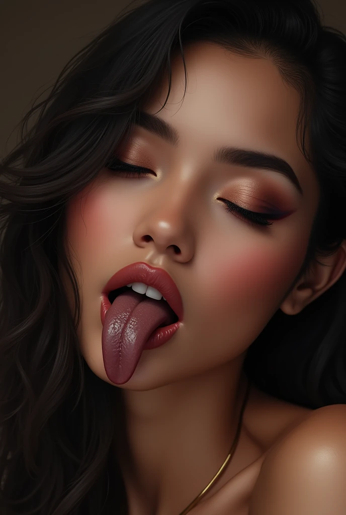 Sexy Indonesian girl , seductive face, close eye, open lips. Black g-tongoue. Big breast