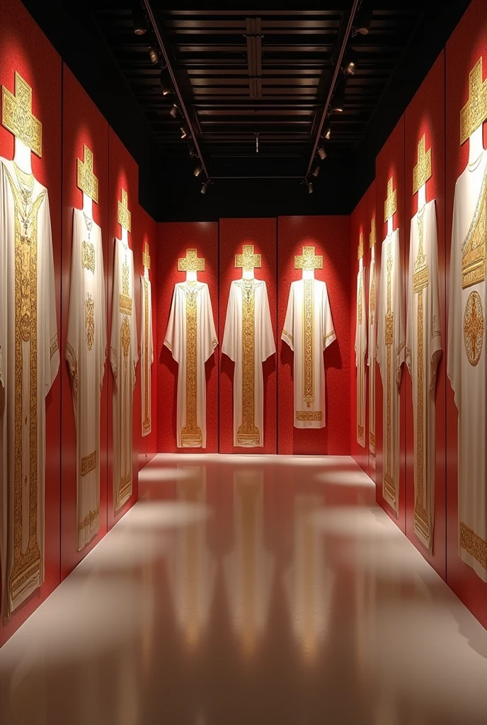 I am doing my thesis on baptism garments actually I made them so now I have to make a display for it or iam confused so help with ideas how display And also I have a 10 different boards of A3 size also adjust them or religious elements also 4 male garments add boards my theme colours is res white golden 