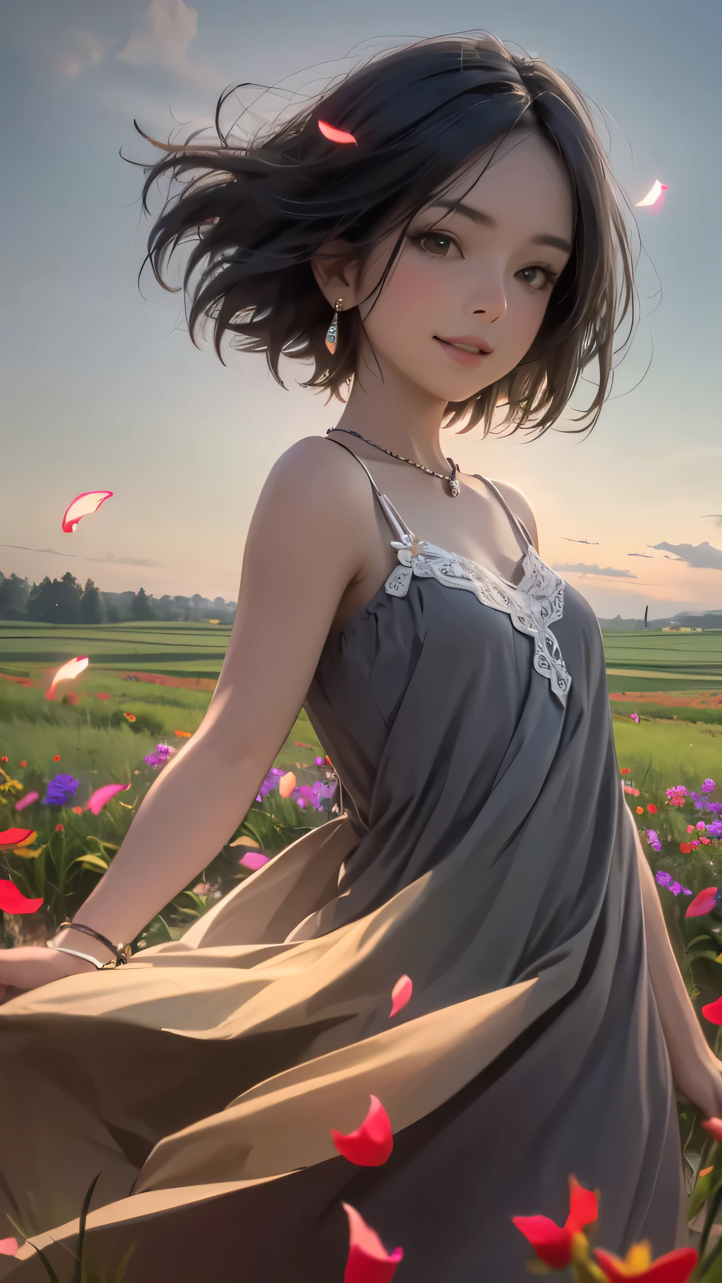 Official Art, wallpaper, Very detailed, (((Very detailed))), Realistic portraits, (high quality, masterpiece, High resolution) , 8k ウルトラHD, high quality, There are women, Surrounded by colorful flowers, Flower Field, Woman portrait, Beautiful young dark-haired woman, Fantastic and dreamy, 4K, 8k, smile, 10 years old, Bob Cut Hair, dynamic, Anatomically correct, The wind is blowing, Dancing petals, horizon, dance, Bouncing, Dress, Europe, grassland, Open Field, Low - Angle