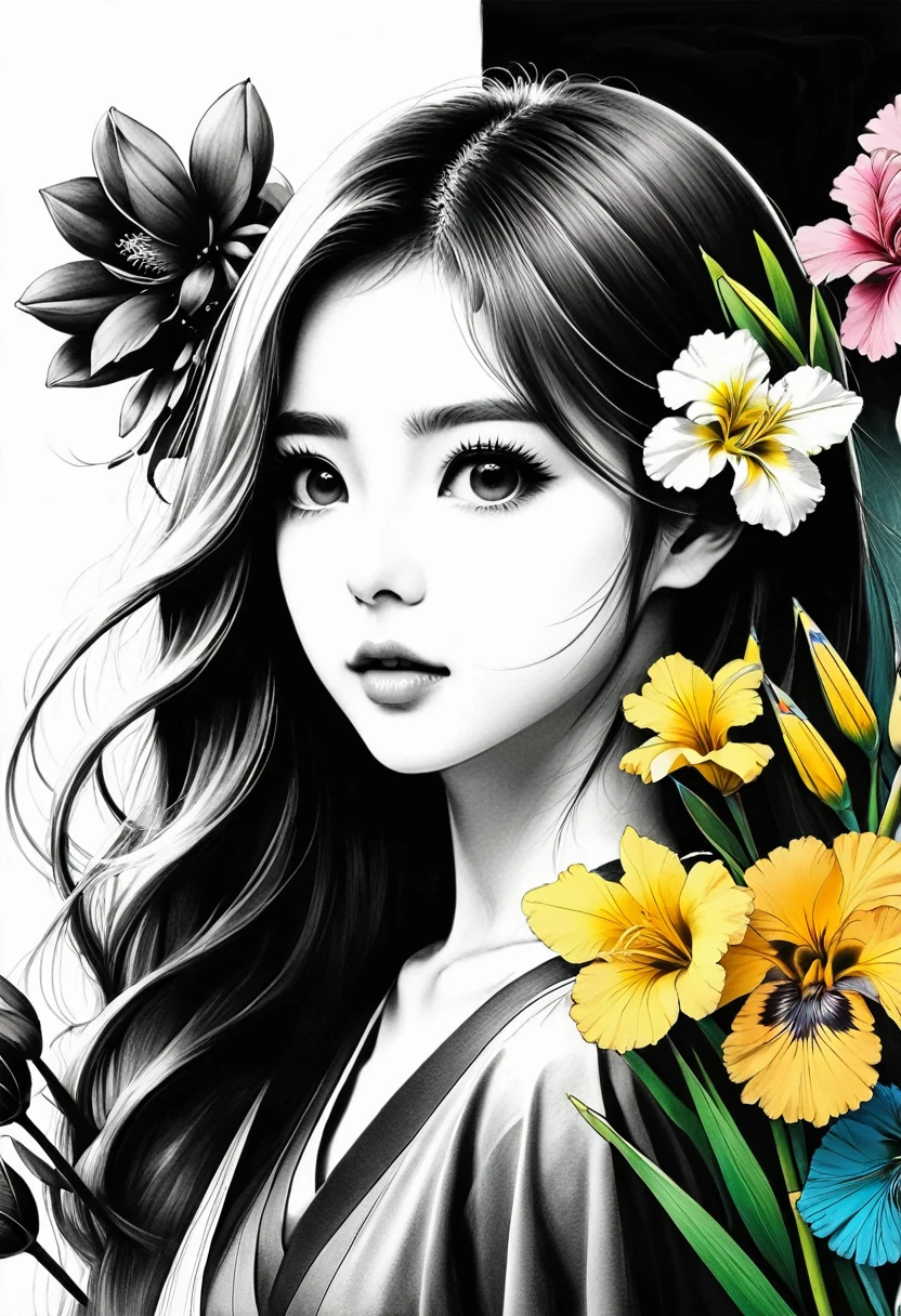 (Anime line drawing:1.5)，(black andwhite:1.45)，minimalism，(line art:1.6)，outline，Charcoal drawing，mask，flowers，The artwork should transition from a black and white pencil drawing style on the left half to vibrant colors on the right half., Ensure seamless integration between the two halves, without any dividing line, The scene is identical on both sides, with the left side featuring detailed black and white pencil strokes and the right side filled in with color, creating a harmonious blend throughout the image