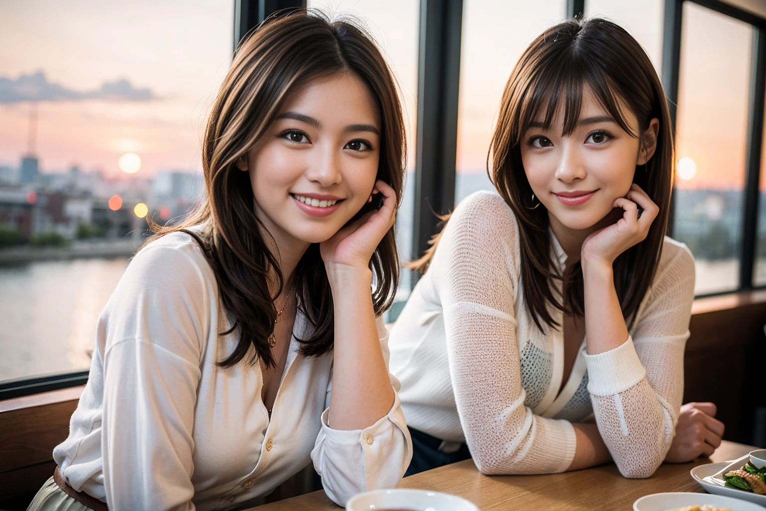 ((Highest quality、8k、masterpiece:1.3))、slimカップル、modelカップル、(Realistic, Intricate details:1.2), Japanese food、Buckwheat、Japanese sake、Shochu 、Amazing view of the sunset sky and clouds、A bright smile、The wonderfulness of smile、Bright image、Beautiful Face, blue eyes, The light shines on your face, blush, short hair,Bright Face、 (Age 37), 39 years old, sparkling wine、Two beauties、Brown Hair、Shortcuts、Long sleeve shirt、dress、Beautiful woman 1, (slimな顔), (The body is slim), (Brown Hair), (Shortcuts), cheeks turn a little red,Attractive beauty、restaurant, In a prominent place (From the waist up) Nova Frog Style, actress, model, Upper Body, White wine, slim, smile, (smile: 1.15), Beautiful fine grain, Depth f/2,saturation, High Contrast, Strong light and shadow,Moist Body:1.5、3D texture、Delicate eyes、Brown Hair、The hair is very shiny、