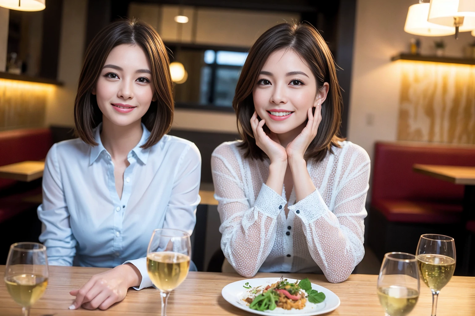 ((Highest quality、8k、masterpiece:1.3))、slimカップル、modelカップル、(Realistic, Intricate details:1.2), Japanese food、Buckwheat、Japanese sake、Shochu 、Amazing view of the sunset sky and clouds、A bright smile、The wonderfulness of smile、Bright image、Beautiful Face, blue eyes, The light shines on your face, blush, short hair,Bright Face、 (Age 37), 39 years old, sparkling wine、Two beauties、Brown Hair、Shortcuts、Long sleeve shirt、dress、Beautiful woman 1, (slimな顔), (The body is slim), (Brown Hair), (Shortcuts), cheeks turn a little red,Attractive beauty、restaurant, In a prominent place (From the waist up) Nova Frog Style, actress, model, Upper Body, White wine, slim, smile, (smile: 1.15), Beautiful fine grain, Depth f/2,saturation, High Contrast, Strong light and shadow,Moist Body:1.5、3D texture、Delicate eyes、Brown Hair、The hair is very shiny、