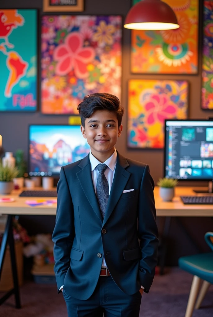 A vibrant and dynamic photo of a south asian ed boy wearing a smart formal dress, standing in front of his bustling graphics design studio. The studio is filled with colorful artwork, modern equipment, and creative tools. The youngster exudes confidence and passion, with a little smile on his face. The background displays a blend of traditional and contemporary elements, showcasing the fusion of cultures and styles in his work.