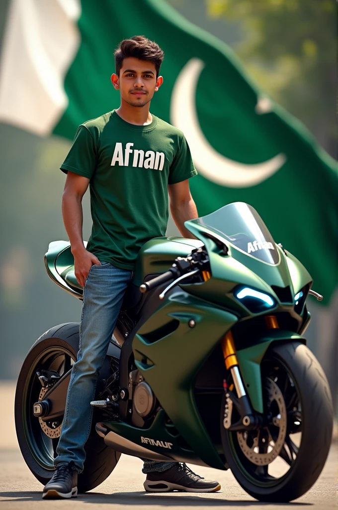 A boy standing with super bike with Pakistan flag and the boy wearing shirt named Afnan
