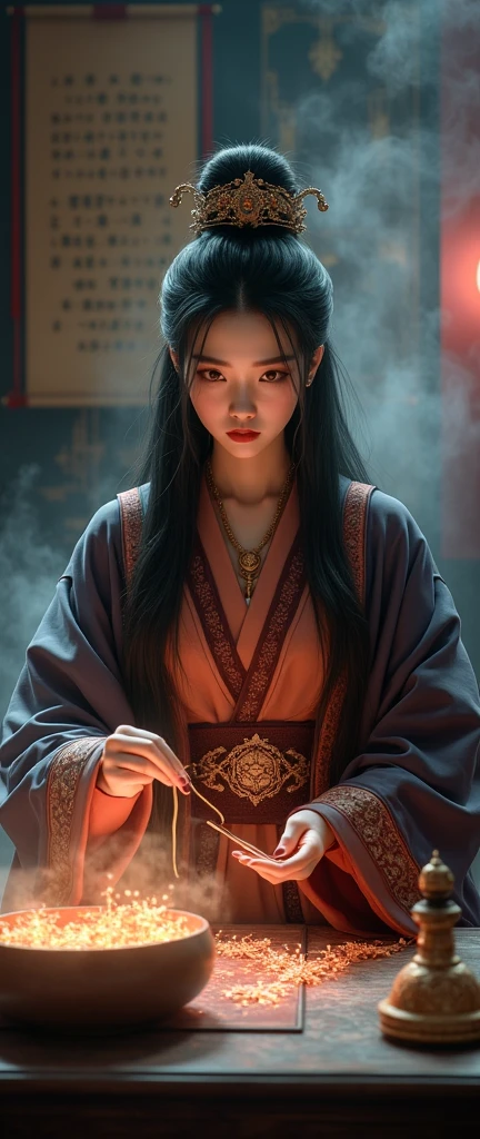 A beautiful and mysterious female fortune teller, dressed in traditional Chinese robes, gracefully shaking yarrow sticks for divination. The scene is bathed in soft, mystical light, with delicate smoke swirling around her. Her eyes are intense and wise, and the atmosphere is filled with ancient wisdom and mysticism. The background features traditional Chinese decor, with intricate patterns and ancient scrolls, adding to the sense of depth and history.