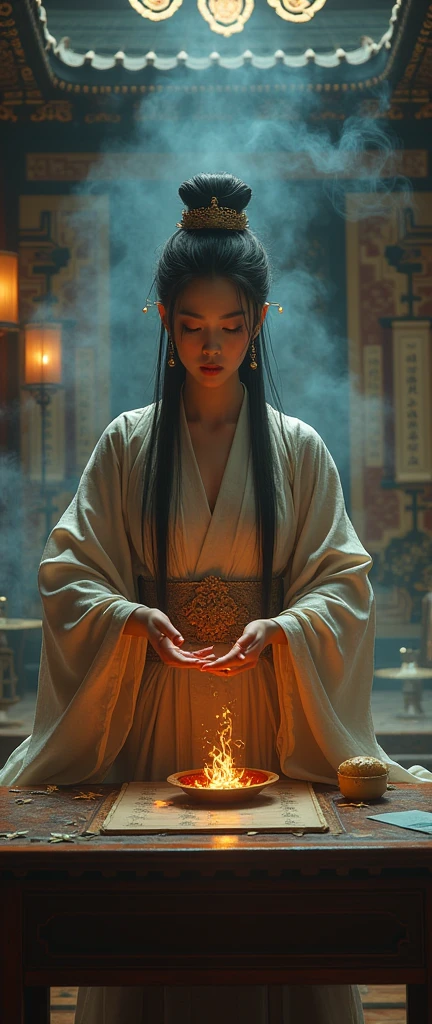 A beautiful and mysterious female fortune teller, dressed in traditional Chinese robes, gracefully shaking yarrow sticks for divination. The scene is bathed in soft, mystical light, with delicate smoke swirling around her. Her eyes are intense and wise, and the atmosphere is filled with ancient wisdom and mysticism. The background features traditional Chinese decor, with intricate patterns and ancient scrolls, adding to the sense of depth and history. 