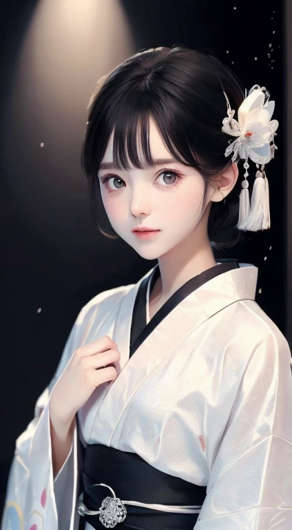 ((Highest quality, 8k, masterpiece: 1.3)), Sharp focus: 1.2, (Super beautiful face: 1.0), (Glowing Skin: 1.0), Realistic photos, Black Hair, Realistic students, Cinema Lighting, Highly detailed eyes and face, Cinema Lighting, (Cowboy Shot: 1.0), (kimono, In the same way, heart: 1.15), (Cute Korean Actresses), Originally, classic kimono,