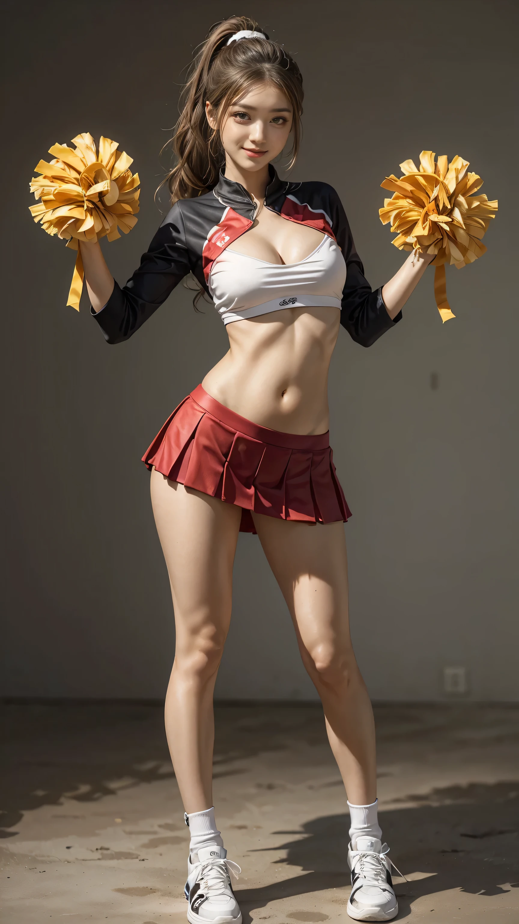 ((Highest quality, Tabletop, Ultra-high resolution、The most complex and detailed depiction))、(Bright lighting:1.1)、(Beautiful woman:1.1)、(Very light wavy hair:1.5)、(voluminous ponytail:1.5)、((Sexy Cheerleader)),((Cheerleader Uniform)),((No sleeve)),((Extremely short micro mini skirt)),((sneakers)), ((I can see your belly)), (Sexy pose:1.5),Best smile:1.5，Full Body Shot:1.5，Gray background:1.5，Blonde wavy hair:1.8,Random Blonde:1.8,Curly Hair:1.8,Long Hair:1.5,sleek bangs:1.8,Large Breasts:1.2,gal,Sunburned skin:1.9,Thin fingers:1.5,smile:1.5,The whites of the eyes are clear:1.8,Centered:1.5,Cleavage:1.5,