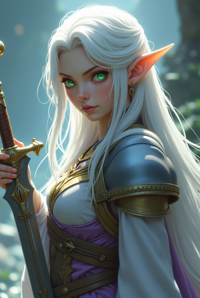 Final Fantasy game theme. Image of a 28 year old white haired elf standing holding her favorite sword.glowing green eyes, He wore light armor in gold and violet., pastel colours, and dramatic tones. A masterpiece with the highest resolution. , Surrealist image type