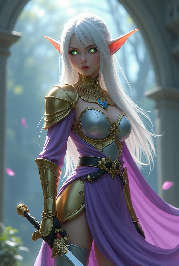 Final Fantasy game theme. Image of a 28 year old white haired elf standing holding her favorite sword.glowing green eyes, He wore light armor in gold and violet., pastel colours, and dramatic tones. A masterpiece with the highest resolution. , Surrealist image type