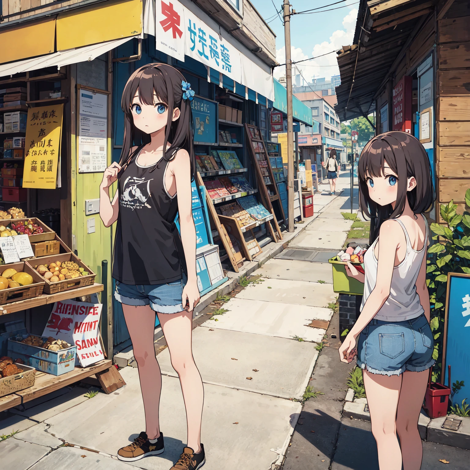 3 Girls、、Ocean、Sandy Beach、Summer sun、School Swimsuit、slender、Detailed face、Detailed Hair、Clear skin、Looking at this、Whole body composition、Shot from below、Wet body、Chewing ice cream、Eating ice cream、The ice cream is melting、Ice cream is dripping,smile