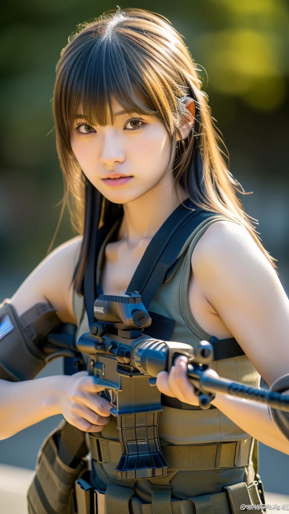 (masterpiece, ultra-detailed, ultra-realistic, best quality, clear focus, photorealistic), (ultra-high resolution, 8k:1.3), cinematic color-grading film, dramatic scenes, shadow, global-illumination, perfect anatomy, perfect face, (detailed face, detailed eye:1.3), (20 years old Japanese anime-style blonde girl), professional light, (beautiful with cute but boyish cool Japanese face:1.3), (holding m4a1 large assault rifle:1.4), (aiming with a long barrel rifle:1.4), (Strong willed expression:1.2), (afraid), (leather bodysuits), sniper, slim waist, (bad girl:1.3), amazing view, very large breasts, tactical vest, military harness, hip focus